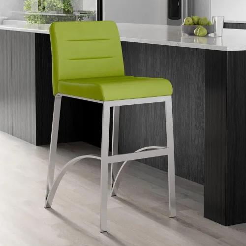 Vista 7 de ZURI Modern Lynx - Taburete de bar suave de cuero sintético verde lima, acero inoxidable cepillado