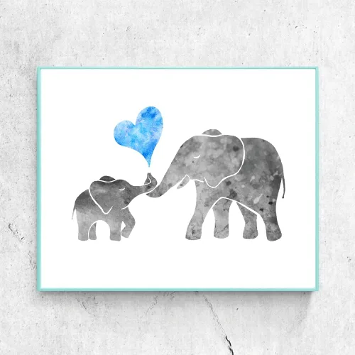 Vista 4 de ZLKAPT Pintura de acuarela gris para bebé, niño, elefante con mamá, arte de pared, diseño de corazón de amor azul, linda imagen para decoración
