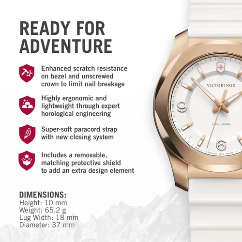 Vista 2 de Victorinox I.N.O.X. V 37, esfera blanca, bisel de oro rosa, correa de goma blanca, Blanco, Reloj de cuarzo