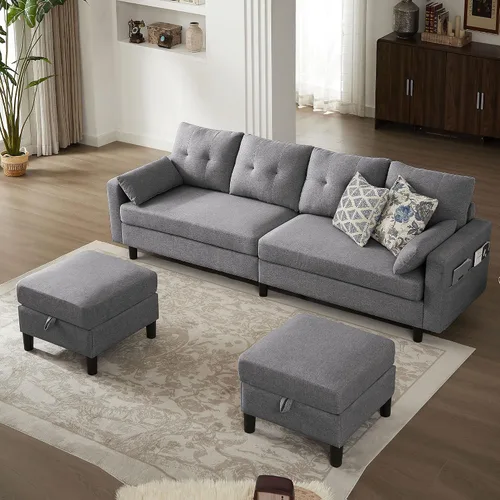 Vista 13 de Sofá en forma de L de 102 pulgadas, sofá con mesa auxiliar otomana, sofá moderno de 4 asientos con funda extraíble para apartamento y sala de estar