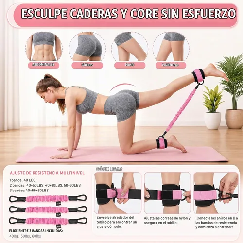 Vista 2 de WHATAFIT Pedal Resistance Band with Handles & Ankle Straps 3-Level Home Gym Rosa