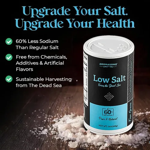 Vista 3 de Aromasong Sal marina baja en sodio 13 oz. Salero 100% natural de grano fino cloruro de potasio del mar muerto con sal del mar muerto.
