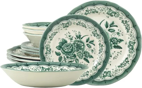 Vista 18 de Tudor Royal - Juego de vajilla redonda de porcelana de 12 piezas, servicio para 4, diseño botánico, flores de verano, platos, cuencos, brillante