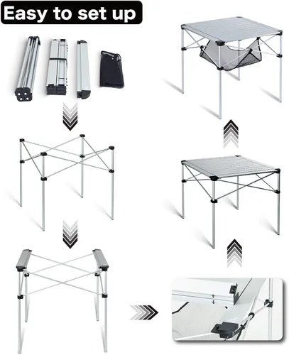 Vista 7 de iClimb Alu ligero y estable. Mesa cuadrada plegable enrollable con bolsa de transporte para camping, picnic, patio trasero, barbacoa, campamento