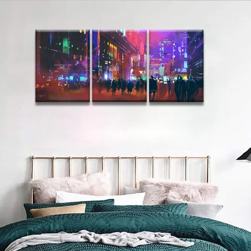 Vista 5 de Lienzo decorativo para pared, diseño de ciudad futurista Cyberpunk para sala de estar, impresión multipanel, obra de arte de cocina, pintura