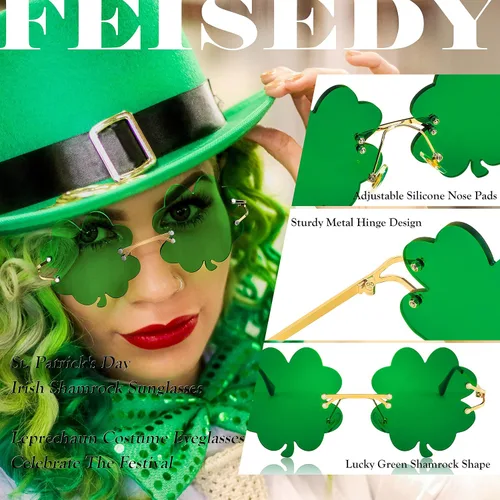 Vista 4 de FEISEDY Lentes de sol de trébol irlandés para el día de San Patricio B2369