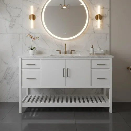 Vista 6 de Harrison - Mueble de tocador de 60 pulgadas de ancho solamente, construcción moderna de madera de pino maciza, herrajes de níquel, cajones de cierre