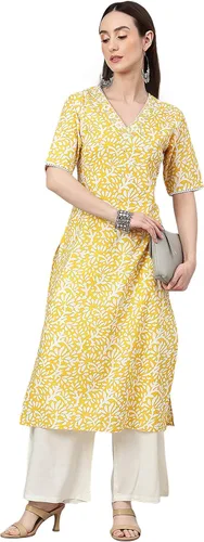 Vista 4 de Janasya Indian Cambric - Pantalones cortos rectos con estampado de algodón amarillo para mujer