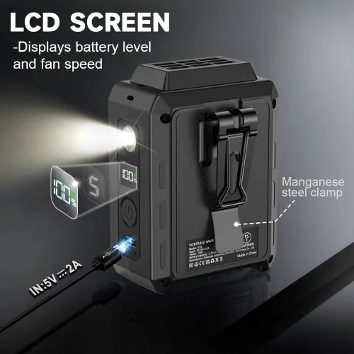 Vista 3 de CAZOKASI Ventilador de clip de cintura portátil con soporte de escritorio de iluminación, 16000 rpm, tiempo de funcionamiento hasta 20 horas