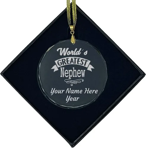 Vista 8 de LaserGram Adorno de Navidad de vidrio personalizado, sobrino más grande del mundo, idea de regalo grabada con láser personalizada (forma de diamante)
