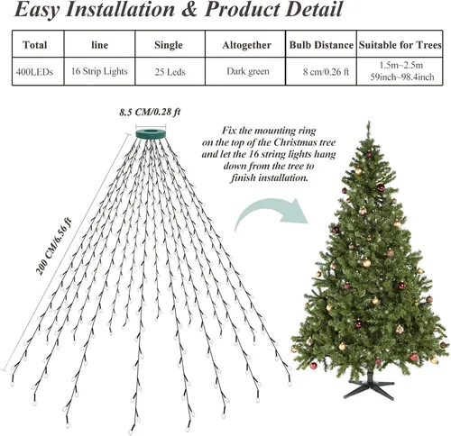 Vista 7 de aneeway 400 luces LED para árbol de Navidad, luces de Navidad con 8 modos de luz y función de memoria, 16 cadenas de luces de 6.6 pies con función