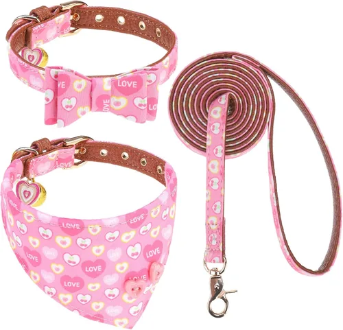Vista 14 de EXPAWLORER Juego de collar y correa para cachorros, collar clásico a cuadros para perros pequeños con corbatín, bonito juego de collar y correa