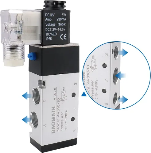 Vista 3 de Baomain Válvula de aire neumática del solenoide 4V310-10 DC 12V 5 vías 2 posición PT 3/8" tipo de actuación pilotado internamente control eléctrico