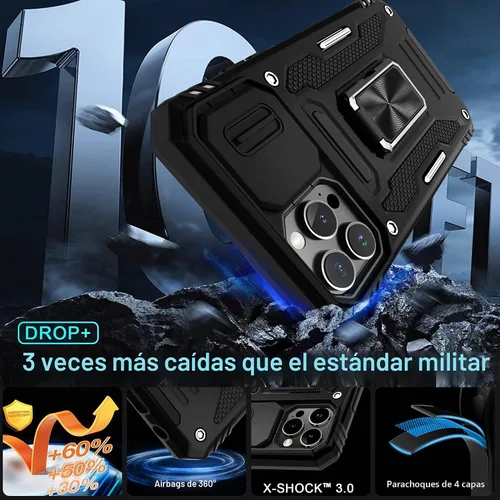 Vista 3 de DEERLAMN Funda para iPhone 13 Pro Max con cubierta deslizante para cámara + protector de pantalla (1 unidad), anillo giratorio con soporte de grado