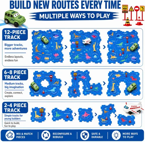 Vista 3 de hahaland Puzzle Racer Juego de Pista de Coches para Niños - Tamaño Más Grande de 5x5 Pulgadas de Cada Pieza, Juguetes para Edades 3-4, para Niños