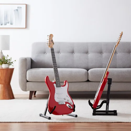 Vista 8 de Amazon Basics Soporte plegable portátil ajustable para guitarras eléctricas y acústicas, en forma de A, totalmente montado con espuma acolchada