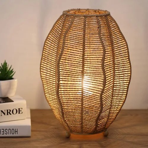 Vista 7 de Lámparas de mesa boho para dormitorio y sala de estar - Pequeñas linternas de canasta tejida natural con pantallas de cuerda de papel