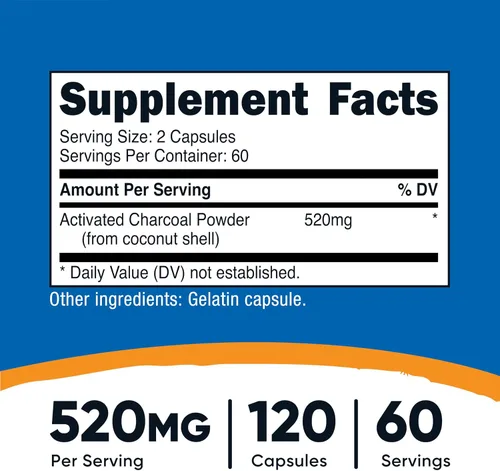 Vista 2 de Nutricost Carbón activado de 520 mg, 120 cápsulas – Polvo premium, sin OMG y sin gluten