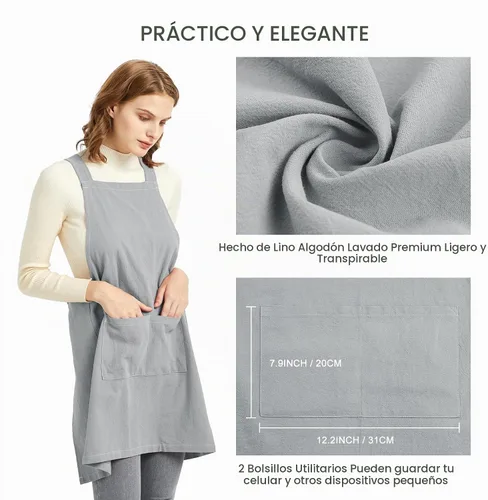 Vista 4 de ELEZAY Delantales para mujer con bolsillos, talla grande, cómodo, espalda cruzada, sin lazo, delantal de lino y algodón Gris