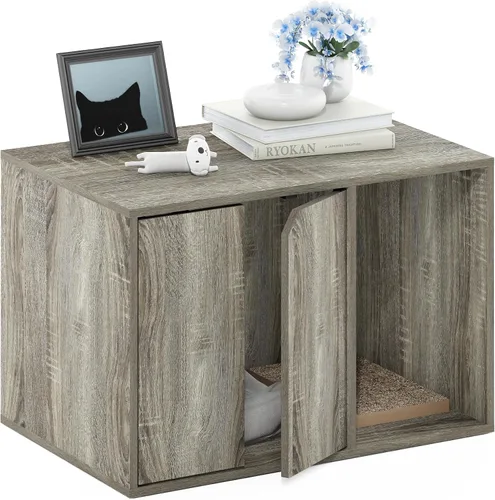 Vista 29 de Caja de arena Furinno Peli, Pequeña, Americano Entrada lateral, muebles ocultos, casa de madera para mascotas con puertas, fácil montaje