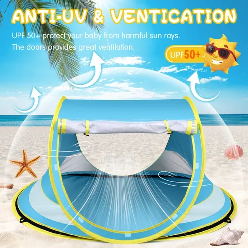 Vista 3 de Baby Beach Tent,Large Pop Up Beach Tent Sun Shade for Beach,Portable Baby Travel Tent with Mosquito Net,Indoor Baby Play Tent,UPF 50+ UV Protection