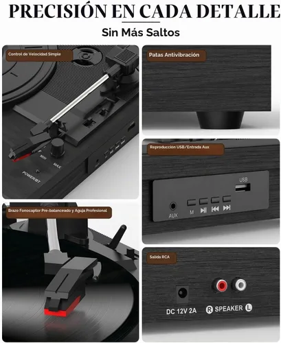 Vista 8 de Reproductor de discos de vinilo con dos altavoces estéreo, tocadiscos con reproducción Bluetooth de 3 velocidades, entrada AUX para auriculares