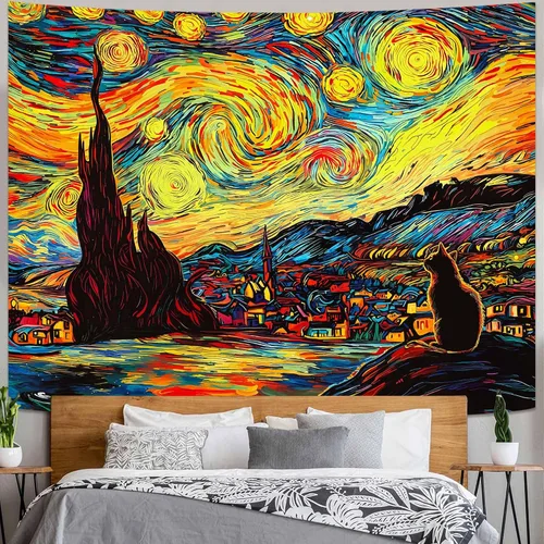 Vista 8 de Spenlife Blacklight - Fantástico tapiz de gato negro, tapiz de pared de gato reactivo que brilla con rayos UV para decoración de habitación, tapiz