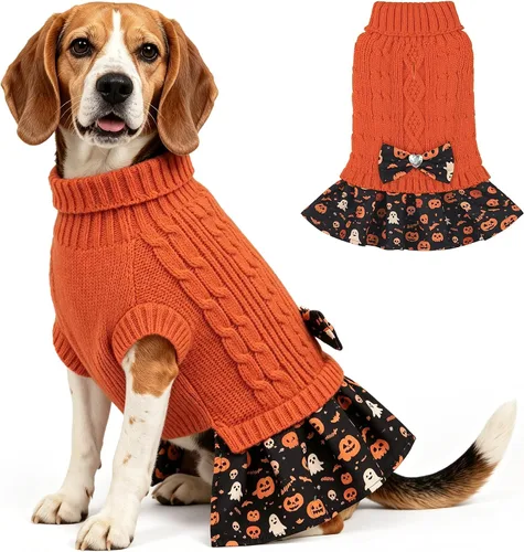 Vista 25 de YUDODO Small Dog Sweater Dress with Bowtie Turtleneck - Knitted Pet Clothes Dusty Pink