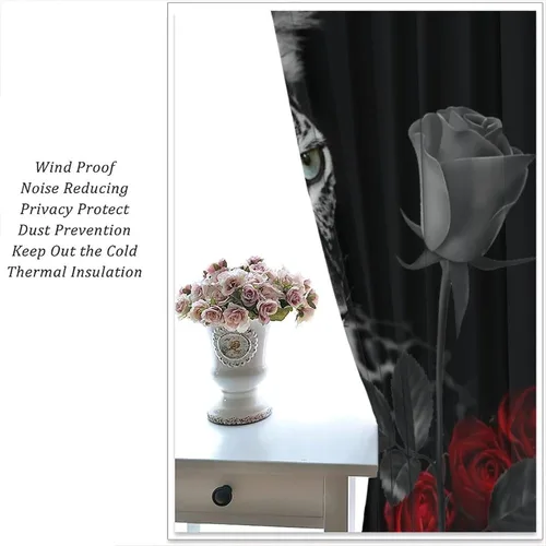 Vista 6 de Cortinas de ventana de leopardo con rosas rojas, tratamiento de ventana de vida silvestre africana para niños y niños, cortinas de ventana