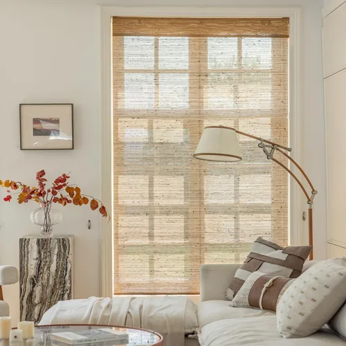 Vista 2 de DEJAVU Persianas romanas de bambú inalámbricas, opacas con filtro de luz para ventanas de interior, persianas tejidas naturales con cenefa