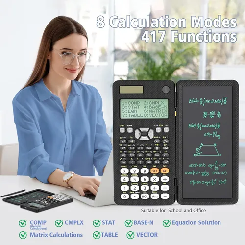 Vista 4 de Calculadora científica recargable ROATEE 991ES MAX, CalcNote Multivista de 4 líneas con pantalla LCD, bloc de notas de escritura plegable portátil