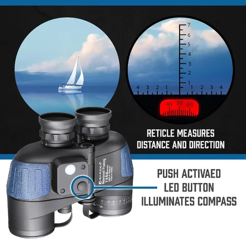 Vista 4 de BARSKA Deep Sea Marine Binoculars – 7x50 Waterproof Floating Binoculars with Internal Compass & Rangefinder for Boating, Sailing, Fishing, Hunting