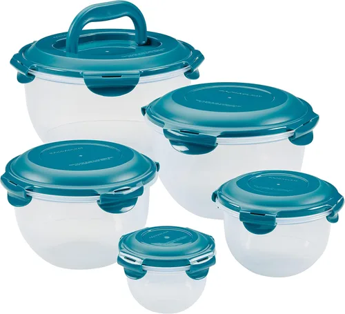 Vista 18 de Rachael Ray Juego de contenedores de almacenamiento de alimentos a prueba de fugas, 10 piezas, transparentes con tapas grises Transparente con tapas