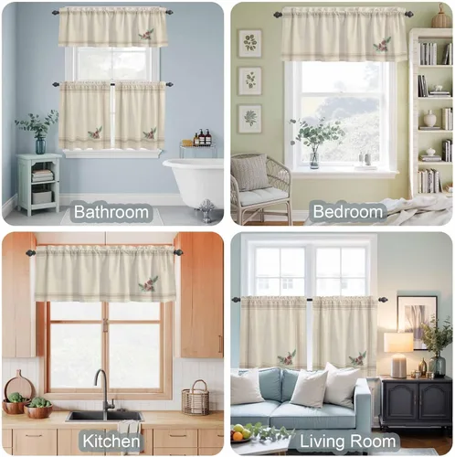 Vista 5 de Juego de 3 cortinas de cocina de piñas de Navidad, cenefa y bolsillo para barra, juego de cortinas rústicas retro a rayas francesas para cocina