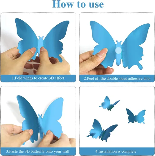 Vista 3 de 60 calcomanías de mariposa de espejo, decoraciones de mariposa 3D extraíbles de CAYUDEN calcomanías de pared mariposas azules, decoración de pared
