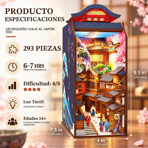 Vista 4 de Edo Sakura Journey - Kit de bricolaje de madera 3D con luz LED, inserto de estantería de flor de cerezo y decoración de sujetalibros