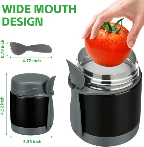 Vista 2 de Termo de sopa de 10 onzas para comida caliente para niños, tarro de comida aislado, contenedor térmico de almuerzo de comida caliente, caja de Negro