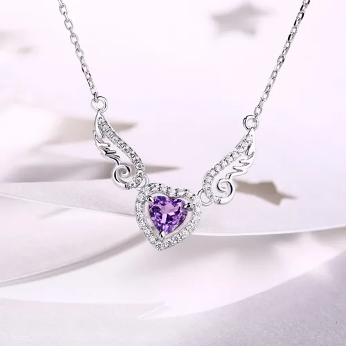 Vista 3 de HXZZ Fine Jewelry - Collar con colgante de plata de ley 925, piedra preciosa natural, topacio azul suizo, amatista, peridoto, amor, corazón, alas