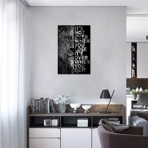 Vista 2 de Lienzo impreso de cabeza de león, arte de pared inspirador, póster de animales en blanco y negro, imagen motivacional con cita motivacional