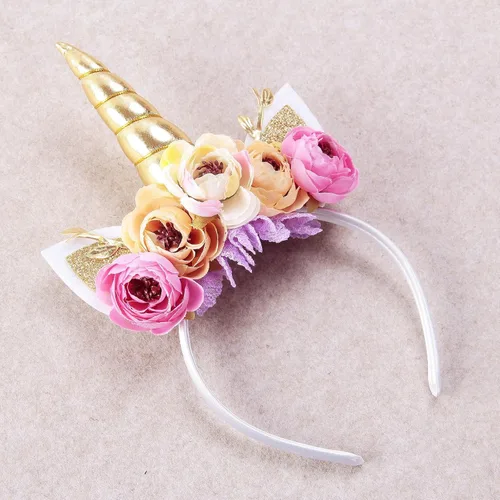 Vista 4 de Nishine Diadema de cuerno de unicornio con purpurina para niñas, diadema de camelia pony, banda para el pelo de flores, tiara para fiesta, regalo