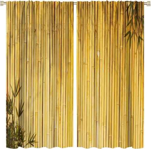 Vista 11 de Cortinas con estampado de bambú, tallos y hojas de bambú, temática oriental natural, oscurecimiento de habitación, ventana, ventana, cortina