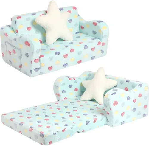 Vista 11 de MOMCAYWEX Sofá para bebé, 2 en 1, sofá suave para niños plegable con almohada de estrellas, sofá plegable para convertir en sofá cama, extra ancho