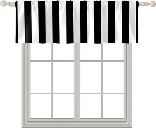 Vista 2 de Cortina de cocina con diseño de rayas verticales blancas y negras, cortinas opacas para baño, sala de estar, ventana, 14 x 52 pulgadas Rayas blancas