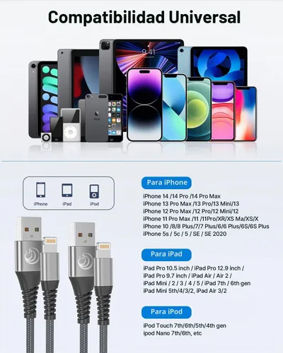 Vista 6 de Cargador para iPhone [certificado Apple MFi] Paquete de 2 cables Lightning de 10 pies de largo, cable de carga rápida de nailon trenzado