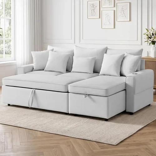 Vista 9 de HIPIHOM 83'' L Shaped Sleeper Sofa Bed, Storage Chaise with Cup Holder Dark Grey