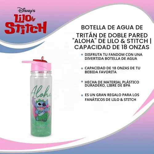 Vista 6 de Silver Buffalo Lilo and Stitch Aloha - Botella de agua Tritan de doble pared Botella de plástico sin BPA con tapa de rosca y tapa abatible