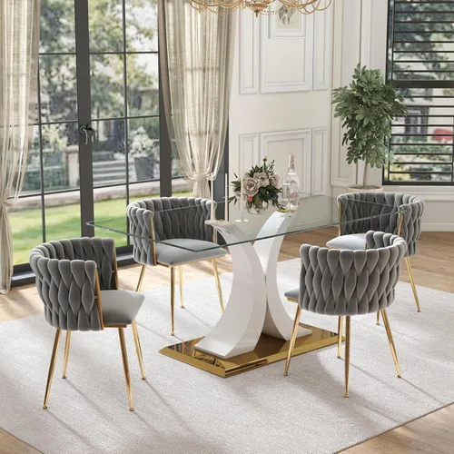 Vista 24 de Juego de comedor moderno de vidrio de lujo de 5 piezas, juego de cena rectangular minimalista grande para 4, juego de mesa de cocina de vidrio