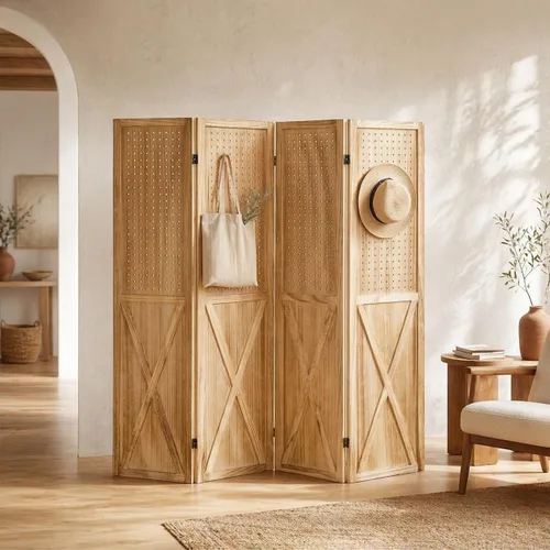 Vista 7 de Divisor de Habitación de Madera con Tablero Perforado de 4 Paneles, Pantalla de Privacidad Plegable con Exhibidor de Tablero Perforado de 5.6 Pies