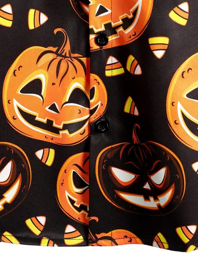 Vista 6 de VATPAVE Camisas de manga corta con botones de calabaza de Halloween para hombre