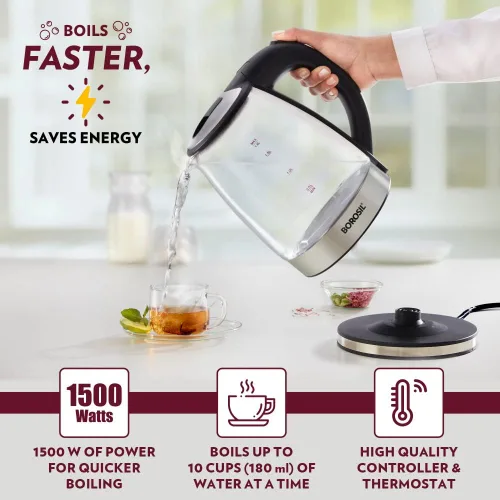 Vista 6 de Borosil Hervidor eléctrico de vidrio, vidrio de borosilicato, cable extralargo, protección contra ebullición, base giratoria de 360°, 1.8 L